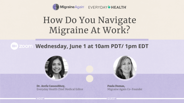 How Do You Navigate Migraine at Work? and images of speakers Paula Dumas and Dr. Arefa Cassoobhoy